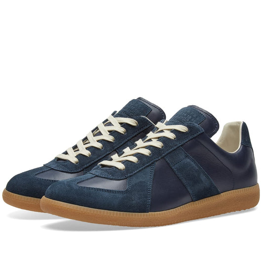 Maison Margiela Women's Dark Blue Leather & Suede Sneakers — front three quarter pair