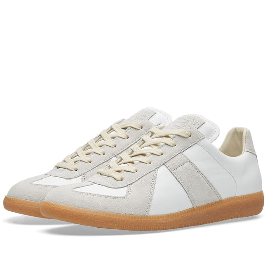 Maison Margiela Women's White Leather & Beige Suede Sneakers — front three quarter pair