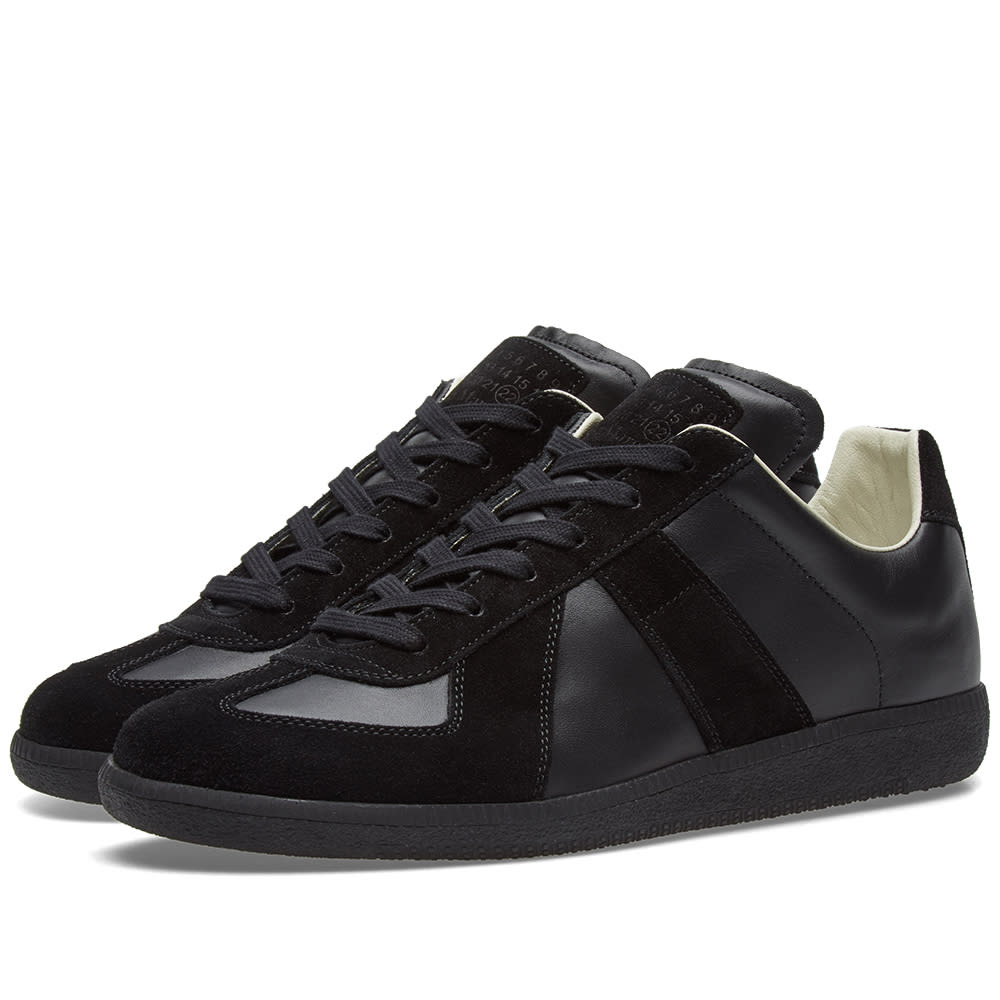 Maison Margiela Women's Black Leather & Suede Sneakers – Beige Interior — front three quarter pair