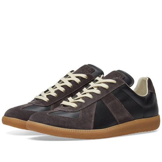 Maison Margiela Women's Black Leather & Amber Suede Sneakers — front three quarter pair