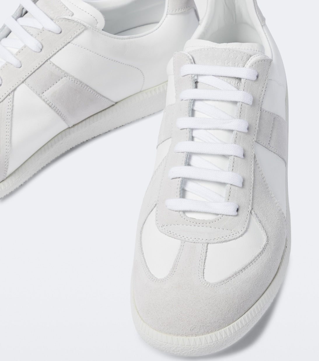 Maison Margiela Women's White Leather & Suede Sneakers — material and laces closeup