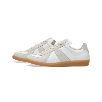 Maison Margiela Women's White Leather & Beige Suede Sneakers — side view on white background
