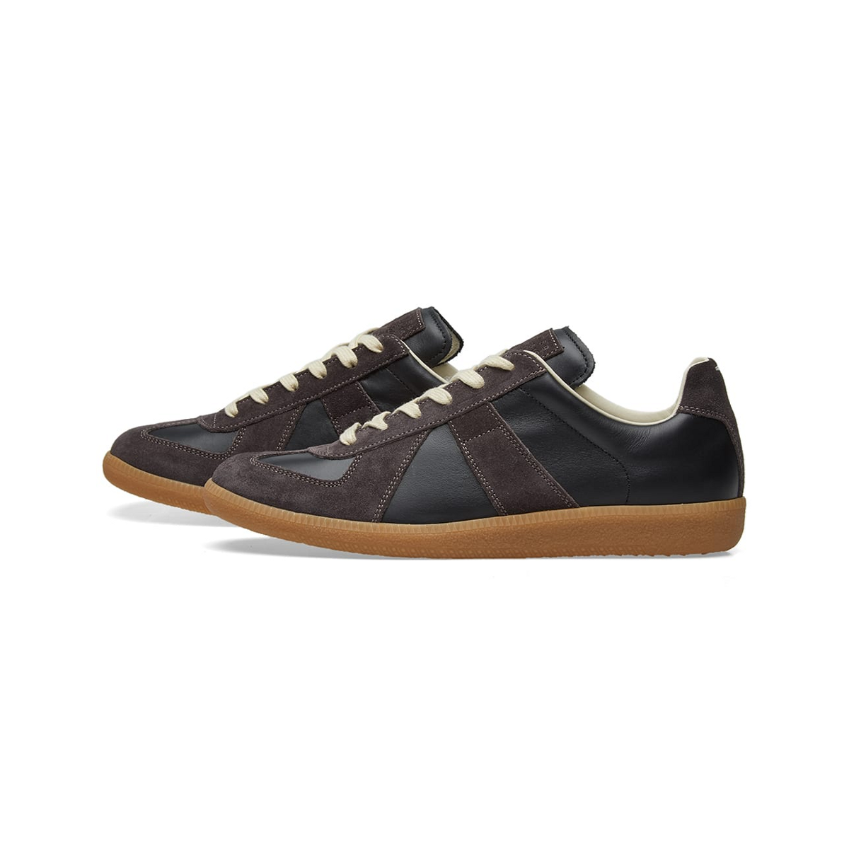 Maison Margiela Women's Black Leather & Amber Suede Sneakers — side view on white background