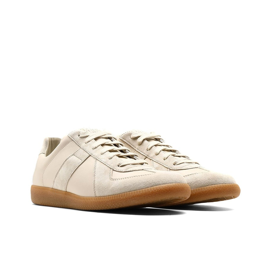 Maison Margiela Women's Beige Leather & Suede Sneakers — front three quarter pair
